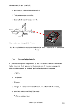 INFRAESTRUTURA DE REDE
SENAI SUÍÇO - BRASILEIRA 160
Aproximação das fibras até cerca de 1µm,
Fusão através de arco voltaico,
Colocação do protetor e aquecimento.
Máquina de Emenda por Fusão tipo S 175 – Furukawa®
Fig. 90 – Esquemático do dispositivo de fusão das fibras e sua posição na máquina de
Fusão
17.4. Emenda Óptica Mecânica
É o processo pelo qual, 02 seguimentos de fibra são unidos usando-se um Conector
Óptico Mecânico. Neste tipo de emenda, os processos de limpeza, decapagem e
clivagem são iguais aos do processo por fusão. As etapas envolvidas são :
Limpeza,
Decapagem,
Clivagem,
Inserção de cada extremidade da fibra em uma extremidade do conector,
Verificação da correta posição das fibras,
Fechamento do conector.
 