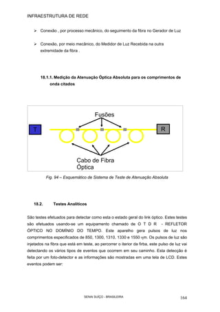INFRAESTRUTURA DE REDE
SENAI SUÍÇO - BRASILEIRA 164
Conexão , por processo mecânico, do seguimento da fibra no Gerador de Luz
Conexão, por meio mecânico, do Medidor de Luz Recebida na outra
extremidade da fibra .
18.1.1. Medição da Atenuação Óptica Absoluta para os comprimentos de
onda citados
Fig. 94 – Esquemático de Sistema de Teste de Atenuação Absoluta
18.2. Testes Analíticos
São testes efetuados para detectar como esta o estado geral do link óptico. Estes testes
são efetuados usando-se um equipamento chamado de O T D R - REFLETOR
ÓPTICO NO DOMÍNIO DO TEMPO. Este aparelho gera pulsos de luz nos
comprimentos especificados de 850, 1300, 1310, 1330 e 1550 ηm. Os pulsos de luz são
injetados na fibra que está em teste, ao percorrer o iterior da firba, este pulso de luz vai
detectando os vários tipos de eventos que ocorrem em seu caminho. Esta detecção é
feita por um foto-detector e as informações são mostradas em uma tela de LCD. Estes
eventos podem ser:
RT
Fusões
Cabo de Fibra
Óptica
 