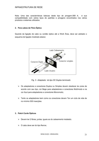 INFRAESTRUTURA DE REDE
SENAI SUÍÇO - BRASILEIRA 21
Nota: Uma das características básicas deste tipo de pinagem,568 A, é sua
compatibilidade com vários tipos de padrões e pinagens encontrados nos vários
produtos e sistemas utilizados.
2. Para cabos de Fibra Óptica
Quando da ligação de cabo ou cordão óptico até a Work Área, deve ser adotado o
esquema de ligação mostrado abaixo:
Fig. 3 - Adaptador do tipo SC Duplex terminado
Os adaptadores e conectores Duplos ou Simples devem obedecer às cores de
acordo com seu tipo, cor Bege para adaptadores e conectores Multímodo e na
cor Azul para adaptadores e conectores Monomodo;
Tanto os adaptadores bem como os conectores devem Ter um ciclo de vida de
no mínimo 500 inserções.
3. Patch Cords Ópticos
Devem ter 2 fibras, juntas, iguais ao do cabeamento instalado;
O cabo deve ser do tipo flexíve;
 