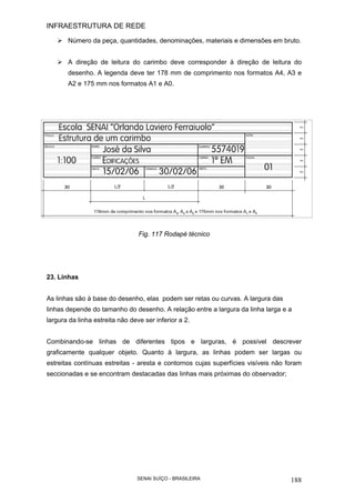 INFRAESTRUTURA DE REDE
SENAI SUÍÇO - BRASILEIRA 188
Número da peça, quantidades, denominações, materiais e dimensões em bruto.
A direção de leitura do carimbo deve corresponder à direção de leitura do
desenho. A legenda deve ter 178 mm de comprimento nos formatos A4, A3 e
A2 e 175 mm nos formatos A1 e A0.
Fig. 117 Rodapé técnico
23. Linhas
As linhas são à base do desenho, elas podem ser retas ou curvas. A largura das
linhas depende do tamanho do desenho. A relação entre a largura da linha larga e a
largura da linha estreita não deve ser inferior a 2.
Combinando-se linhas de diferentes tipos e larguras, é possível descrever
graficamente qualquer objeto. Quanto à largura, as linhas podem ser largas ou
estreitas contínuas estreitas - aresta e contornos cujas superfícies visíveis não foram
seccionadas e se encontram destacadas das linhas mais próximas do observador;
 
