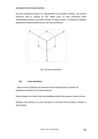 INFRAESTRUTURA DE REDES
SENAI SUÍÇO - BRASILEIRA 199
Os eixos isométricos podem ser representados em posições variadas, mas sempre
formando, entre si, ângulos de 120°. Neste curso, os eixos isométricos serão
representados sempre na posição indicada na figura anterior. O traçado de qualquer
perspectiva isométrica parte sempre dos eixos isométricos.
Fig. 125 Eixos Isométricos
28.1. Linha isométrica
Agora você vai conhecer outro elemento muito importante para o traçado da
perspectiva isométrica: as linhas isométricas.
Retas situadas num mesmo plano são paralelas quando não possuem pontos comuns.
Qualquer reta paralela a um eixo isométrico é chamada linha isométrica. Observe a
figura abaixo:
 