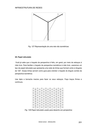 INFRAESTRUTURA DE REDES
SENAI SUÍÇO - BRASILEIRA 201
Fig. 127 Representação de uma reta não isométricas
29. Papel reticulado
Você já sabe que o traçado da perspectiva é feito, em geral, por meio de esboços à
mão livre. Para facilitar o traçado da perspectiva isométrica à mão livre, usaremos um
tipo de papel reticulado que apresenta uma rede de linhas que formam entre si ângulos
de 120°. Essas linhas servem como guia para orientar o traçado do ângulo correto da
perspectiva isométrica.
Use lápis e borracha macios para fazer os seus esboços. Faça traços firmes e
contínuos.
Fig. 128 Papel reticulado usado para desenho em perspectiva
 