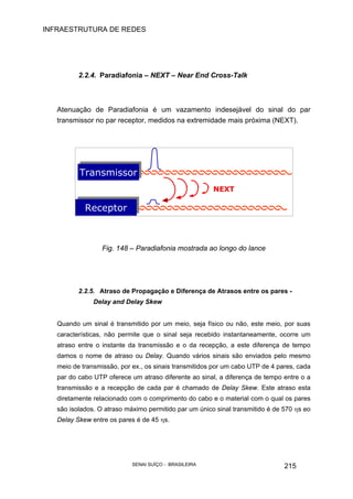 INFRAESTRUTURA DE REDES
SENAI SUÍÇO - BRASILEIRA 215
NEXTNEXT
TransmissorTransmissor
ReceptorReceptor
2.2.4. Paradiafonia – NEXT – Near End Cross-Talk
Atenuação de Paradiafonia é um vazamento indesejável do sinal do par
transmissor no par receptor, medidos na extremidade mais próxima (NEXT).
Fig. 148 – Paradiafonia mostrada ao longo do lance
2.2.5. Atraso de Propagação e Diferença de Atrasos entre os pares -
Delay and Delay Skew
Quando um sinal é transmitido por um meio, seja físico ou não, este meio, por suas
características, não permite que o sinal seja recebido instantaneamente, ocorre um
atraso entre o instante da transmissão e o da recepção, a este diferença de tempo
damos o nome de atraso ou Delay. Quando vários sinais são enviados pelo mesmo
meio de transmissão, por ex., os sinais transmitidos por um cabo UTP de 4 pares, cada
par do cabo UTP oferece um atraso diferente ao sinal, a diferença de tempo entre o a
transmissão e a recepção de cada par é chamado de Delay Skew. Este atraso esta
diretamente relacionado com o comprimento do cabo e o material com o qual os pares
são isolados. O atraso máximo permitido par um único sinal transmitido é de 570 ηs eo
Delay Skew entre os pares é de 45 ηs.
 