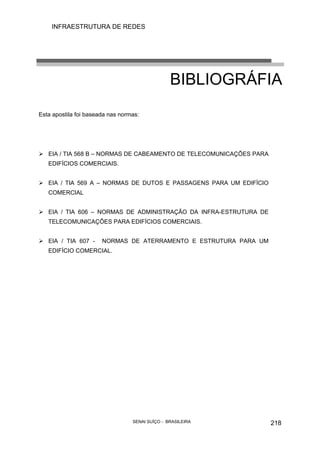INFRAESTRUTURA DE REDES
SENAI SUÍÇO - BRASILEIRA 218
BIBLIOGRÁFIA
Esta apostila foi baseada nas normas:
EIA / TIA 568 B – NORMAS DE CABEAMENTO DE TELECOMUNICAÇÕES PARA
EDIFÍCIOS COMERCIAIS.
EIA / TIA 569 A – NORMAS DE DUTOS E PASSAGENS PARA UM EDIFÍCIO
COMERCIAL
EIA / TIA 606 – NORMAS DE ADMINISTRAÇÃO DA INFRA-ESTRUTURA DE
TELECOMUNICAÇÕES PARA EDIFÍCIOS COMERCIAIS.
EIA / TIA 607 - NORMAS DE ATERRAMENTO E ESTRUTURA PARA UM
EDIFÍCIO COMERCIAL.
 