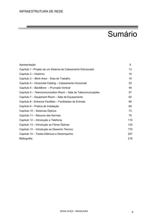 INFRAESTRUTURA DE REDE
SENAI SUÍÇO - BRASILEIRA 6
Sumário
Apresentação 9
Capítulo 1 –Projeto de um Sistema de Cabeamento Estruturado 13
Capítulo 2 – Histórico 16
Capítulo 3 – Work Area - Área de Trabalho 19
Capítulo 4 – Horizontal Cabling – Cabeamento Horizontal 25
Capítulo 5 – BackBone – Prumada Vertical 49
Capítulo 5 – Telecommunication Room – Sala de Telecomunicações 57
Capítulo 7 – Equipment Room – Sala de Equipamento 62
Capítulo 8 - Entrance Facilities – Facilidades de Entrada 66
Capítulo 9 – Pratica de Instalação 69
Capítulo 10 – Sistemas Ópticos 73
Capítulo 11 – Resumo das Normas 79
Capitulo 12 – Introdução a Telefonia 110
Capitulo 13 – Introdução as Fibras Ópticas 124
Capitulo 14 – Introdução ao Desenho Técnico 170
Capitulo 15 – Testes Elétricos e Desempenho 207
Bibliografia 218
 