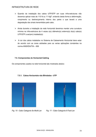 INFRAESTRUTURA DE REDE
SENAI SUÍÇO - BRASILEIRA 34
Quando da instalação dos cabos UTP/STP em suas infra-estruturas não
devemos aplicar mais de 110 N ou 11 KgF, evitando desta forma a deformação,
rompimento ou destrançamento interno dos pares o que levará a uma
degradação dos sinais transmitidos pelo cabo.
Ainda durante a instalação da rede horizontal devemos manter uma curvatura
mínima na infra-estrutura de 4 vezes o(s) diâmetro(s) externo(s) do(s) cabo(s)
UTP/STP a ser(em) instalado(s)
A cor dos cabos instalados no Sistema de Cabeamento Horizontal deve estar
de acordo com as cores adotadas para as varias aplicações constantes na
norma ANSI/EIA/TIA – 606
7.5. Componentes do Horizontal Cabling
Os componentes usados na rede horizontal são mostrados abaixo:
7.5.1. Cabos Horizontais não Blindados - UTP
Fig. 10 - Cabo Categoria 5e Multi-Lan Fig. 11 - Cabo Categoria 6 Fast-Lan
 