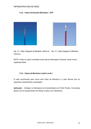 INFRAESTRUTURA DE REDE
SENAI SUÍÇO - BRASILEIRA 35
7.5.2. Cabos Horizontais Blindados – STP
Fig. 12 - Cabo Categoria 5e Blindado Multi-Lan Fig. 13 - Cabo Categoria 6 Blindado
Fast-Lan
NOTA: Todos os cabos mostrados acima são de fabricação Furukawa, sendo marca
registrada desta.
7.5.3. Cabos de Manobras ( patch cords )
O cabo reconhecido pela norma para Cabo de Manobra é o cabo flexível com as
seguintes características e aplicações:
Aplicação : Interligar os Hardwares de Conectividade com Patch Panels, Connecting
Blocks com os equipamentos de Redes e estes com o Backbone.
 