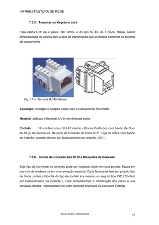 INFRAESTRUTURA DE REDE
SENAI SUÍÇO - BRASILEIRA 38
7.5.5. Tomadas ou Keystone Jack
Para cabos UTP de 4 pares, 100 Ohms, é do tipo RJ 45, de 8 pinos, fêmea, sendo
dimensionada de acordo com a taxa de transmissão que se deseja transmitir no sistema
de cabeamento.
Fig. 17 – Tomada RJ 45 Fêmea
Aplicação: interligar o Adapter Cable com o Cabeamento Horizontal
Material : plástico inflamável UV 0, em diversas cores
Contato : No contato com o RJ 45 macho - Bronze Fosforoso com banho de Ouro
de 50 µp de espessura. Na parte de Conexão do Cabo UTP : Liga de cobre com banho
de Estanho, contato elétrico por Deslocamento do Isolante ( IDC ).
7.5.6. Blocos de Conexão tipo S110 e Bloquetes de Conexão
Este tipo de hardware de conexão pode ser instalado direto em uma parede, fixada em
prancha de madeira ou em uma armação especial. Cada fabricante tem seu próprio tipo
de bloco, porém a filosofia do tipo de contato é a mesma, ou seja do tipo IDC ( Contato
por Deslocamento do Isolante ). Para completarmos a distribuição dos pares e sua
conexão elétrica, necessitamos de outro conector chamado de Conector Elétrico.
 