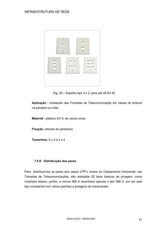 INFRAESTRUTURA DE REDE
SENAI SUÍÇO - BRASILEIRA 41
Fig. 20 – Espelho tipo 4 x 2, para até 06 RJ 45
Aplicação : instalação das Tomadas de Telecomunicação em caixas de embutir
na paredes ou chão.
Material : plástico UV 0, de varias cores
Fixação: através de parafusos
Tamanhos: 4 x 2 e 4 x 4
7.5.9. Distribuição dos pares
Para distribuirmos os pares dos cabos UTP’s vindos do Cabeamento Horizontal, nas
Tomadas de Telecomunicações, são adotados 02 tipos básicos de pinagem, como
mostrado abaixo, porém, a norma 568 A reconhece apenas o tipo 568 A, por ser este
tipo compatível com vários padrões e pinagens de transmissão.
 