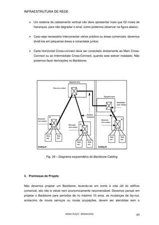 INFRAESTRUTURA DE REDE
SENAI SUÍÇO - BRASILEIRA 49
Um sistema de cabeamento vertical não deve apresentar mais que 02 níveis de
hierarquia, para não degradar o sinal, como podemos observar na figura abaixo;
Caso seja necessário interconectar vários prédios ou áreas comerciais, devemos
dividi-los em pequenas áreas e conectalas juntos;
Cada Horizontal Cross-connect deve ser conectado diretamente ao Main Cross-
Connect ou ao Intermediate Cross-Connect, quando este estiver instalado. Não
podemos fazer derivações no Backbone;
Fig. 26 – Diagrama esquemático do Backbone Cabling
3. Premissas de Projeto
Não devemos projetar um Backbone, levando-se em conta à vida útil do edifício
comercial, isto não é viável nem economicamente recomendável. Devemos pensar em
projetar o Backbone para períodos de no máximo 10 anos, as mudanças de lay-out,
acréscimo de novos serviços ou novas ocupações, devem ser atendidas sem o
 