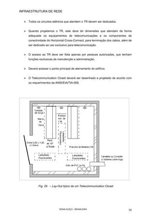 INFRAESTRUTURA DE REDE
SENAI SUÍÇO - BRASILEIRA 58
Todos os circuitos elétricos que atendem o TR devem ser dedicados.
Quando projetamos o TR, este deve ter dimensões que atendam de forma
adequada os equipamentos de telecomunicações e os componentes de
conectividade do Horizontal Cross-Connect, para terminação dos cabos, além de
ser dedicado ao uso exclusivo para telecomunicação.
O acesso ao TR deve ser feita apenas por pessoas autorizadas, que tenham
funções exclusivas de manutenção e administração.
Deverá acessar o ponto principal de aterramento do edifício.
O Telecommunication Closet deverá ser desenhado e projetado de acordo com
os requerimentos da ANSI/EIA/TIA-569.
Fig. 29 – Lay-Out típico de um Telecommunication Closet
 