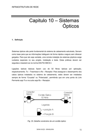 INFRAESTRUTURA DE REDE
SENAI SUÍÇO - BRASILEIRA 72
Capitulo 10 – Sistemas
Ópticos
1. Definição
Sistemas ópticos são parte fundamental do sistema de cabeamento estrutrado, Servem
como base para que as informações trafeguem de forma rápida e segura sem oferecer
gargalos. Para que isto seja verdade, uma correta instalção de sistemas pópticos exige
cuidados especiais no seu projeto, instalação e teste. Estas práticas devem ser
seguidas e baseiam-se na norma EIA/TIA 568 B.3.
Ligações ópticas básicas fazem uso de 02 fibras ópticas por aplicação,
respectivamente, Tx – Trasmissor e Rx – Receptor. Para assegurar o desempenho dos
cabos ópticos instalados no sistema de cabeamento, estes devem ser instalados
sempre de forma “Cruzada” ou “Polarizada”, permitindo que em uma ponta do Link
Permante seja Tx e na outra seja Rx – Receptor.
Fig. 33. Detalhe construtivo de um cordão óptico
 