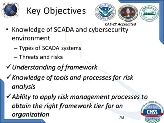 Key Objectives
• Knowledge of SCADA and cybersecurity
environment
– Types of SCADA systems
– Threats and risks
Understand...