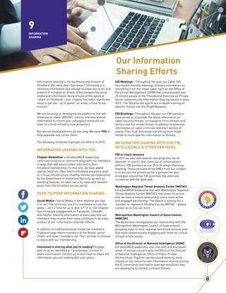 9
INFORMATION
SHARING
Information sharing is the backbone and mission of
InfraGard. But what does that mean? Ultimately it...