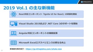 32
2019 Vol.1 の主な新機能
React対応コンポーネント「Ignite UI for React」の収録を開始
Visual Studio 2019および .NET Core 3のサポートを開始
Angular対応コンポーネントの機能拡張
Microsoft Excelエクスペリエンスの更なる向上
新機能を順次紹介 - https://jp.infragistics.com/whats-new
 