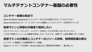 コンテナー需要の高まり
Azure Container Instancesなどコンテナーそのものを提供するサービスだけでなく
Azure Functionsなどサーバーレスサービスの基盤としてもコンテナーは利用されている
仮想マシンと同等の分離度で提供したい
セキュリティのニーズにより、コンテナーがOSカーネルを共有しないようにしたい
これまで仮想マシンレベル分離度を明言したサービスでは、仮想マシン群を事前に作って割当
仮想マシンの分離度とコンテナーのリソース効率、短時間配備の両立
コンテナーに最適化した軽量仮想マシン基盤
Hyper-V コンテナーやLCOW、Service Fabricなど 要素技術を開発し、機は熟した
マルチテナントコンテナー基盤の必要性
 