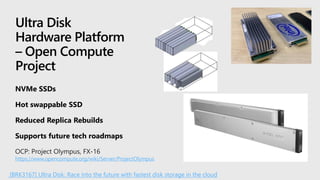 https://www.opencompute.org/wiki/Server/ProjectOlympus
Ultra Disk
Hardware Platform
– Open Compute
Project
NVMe SSDs
Hot swappable SSD
Reduced Replica Rebuilds
Supports future tech roadmaps
[BRK3167] Ultra Disk: Race into the future with fastest disk storage in the cloud
 