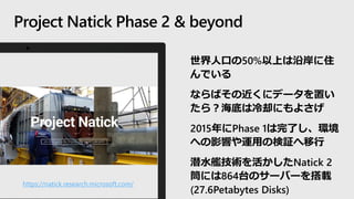 Project Natick Phase 2 & beyond
• 世界人口の50%以上は沿岸に住
んでいる
• ならばその近くにデータを置い
たら？海底は冷却にもよさげ
• 2015年にPhase 1は完了し、環境
への影響や運用の検証へ移行
• 潜水艦技術を活かしたNatick 2
筒には864台のサーバーを搭載
(27.6Petabytes Disks)
https://natick.research.microsoft.com/
 