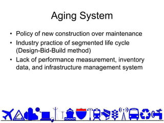 Aging System
• Policy of new construction over maintenance
• Industry practice of segmented life cycle
  (Design-Bid-Build method)
• Lack of performance measurement, inventory
  data, and infrastructure management system
 