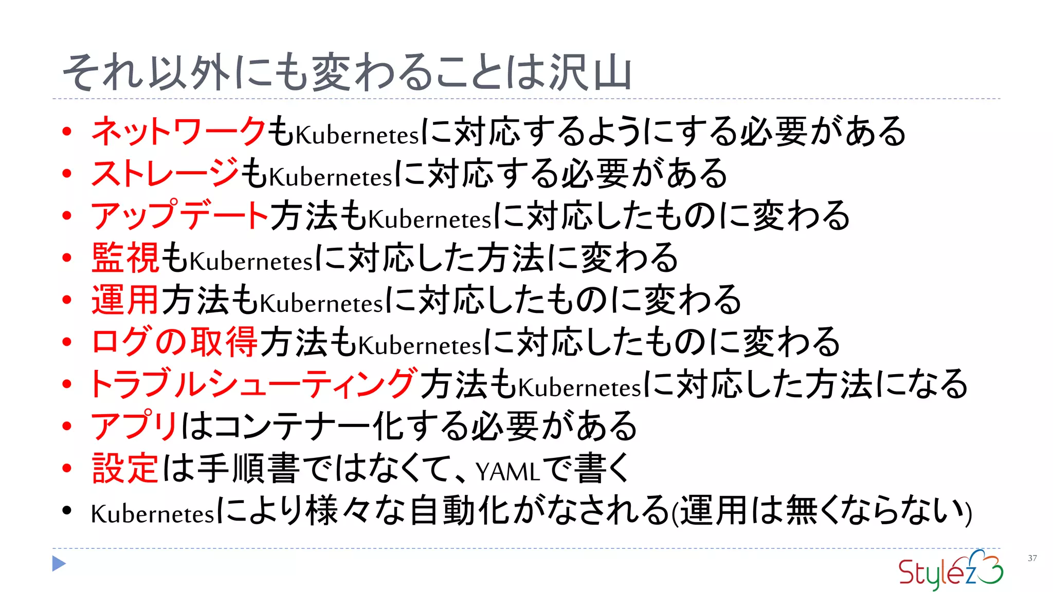 それ以外にも変わることは沢山
37
• ネットワークもKubernetesに対応するようにする必要がある
• ストレージもKubernetesに対応する必要がある
• アップデート方法もKubernetesに対応したものに変わる
• 監視もKubernetesに対応した方法に変わる
• 運用方法もKubernetesに対応したものに変わる
• ログの取得方法もKubernetesに対応したものに変わる
• トラブルシューティング方法もKubernetesに対応した方法になる
• アプリはコンテナー化する必要がある
• 設定は手順書ではなくて、YAMLで書く
• Kubernetesにより様々な自動化がなされる(運用は無くならない)
 
