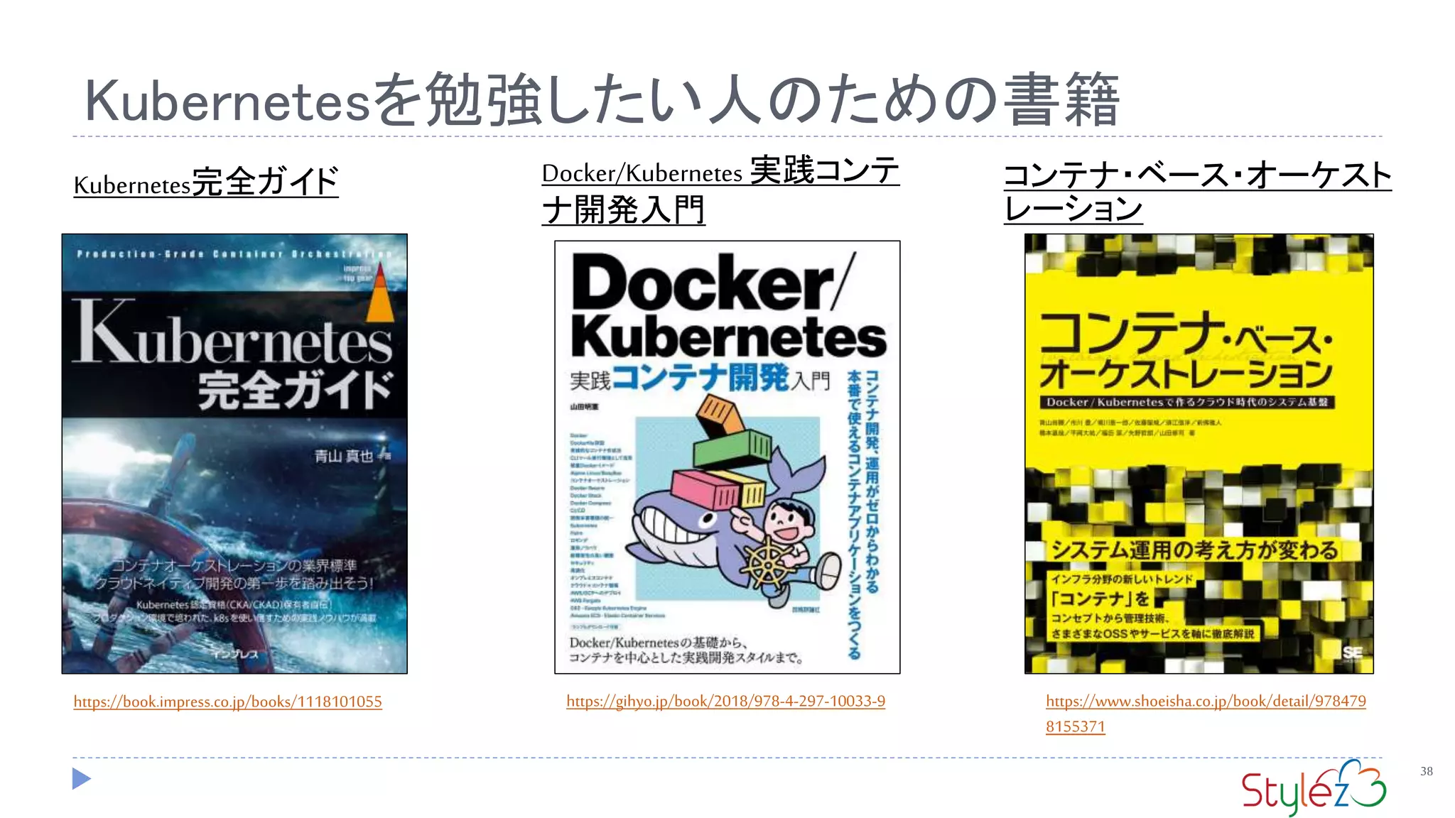 Kubernetesを勉強したい人のための書籍
38
https://book.impress.co.jp/books/1118101055 https://www.shoeisha.co.jp/book/detail/978479
8155371
https://gihyo.jp/book/2018/978-4-297-10033-9
Docker/Kubernetes 実践コンテ
ナ開発入門
コンテナ・ベース・オーケスト
レーション
Kubernetes完全ガイド
 