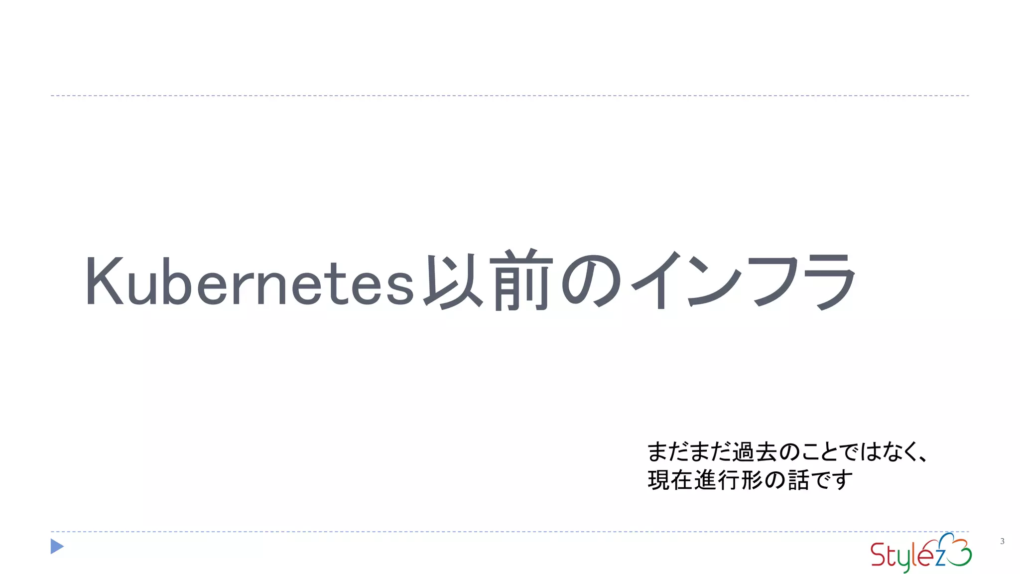 Kubernetes以前のインフラ
3
まだまだ過去のことではなく、
現在進行形の話です
 