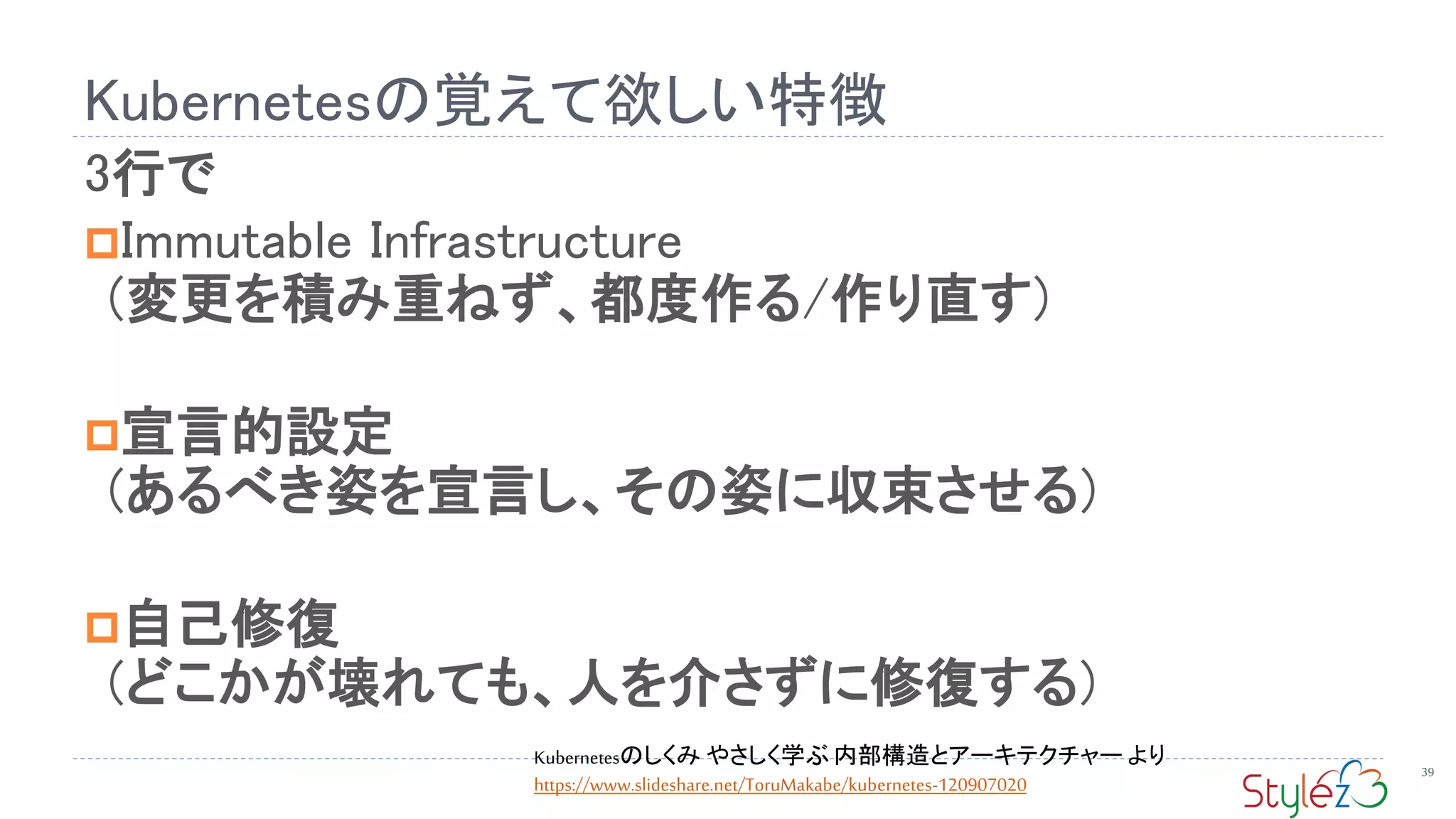 Kubernetesの覚えて欲しい特徴
39
3行で
Immutable Infrastructure
(変更を積み重ねず、都度作る/作り直す)
宣言的設定
(あるべき姿を宣言し、その姿に収束させる)
自己修復
(どこかが壊れても、人を介さずに修復する)
Kubernetesのしくみ やさしく学ぶ 内部構造とアーキテクチャー より
https://www.slideshare.net/ToruMakabe/kubernetes-120907020
 