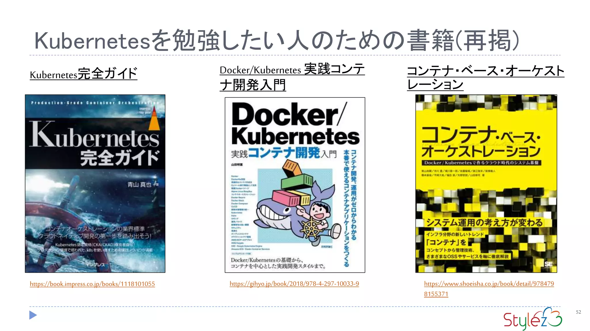 Kubernetesを勉強したい人のための書籍(再掲)
52
https://book.impress.co.jp/books/1118101055 https://www.shoeisha.co.jp/book/detail/978479
8155371
https://gihyo.jp/book/2018/978-4-297-10033-9
Docker/Kubernetes 実践コンテ
ナ開発入門
コンテナ・ベース・オーケスト
レーション
Kubernetes完全ガイド
 
