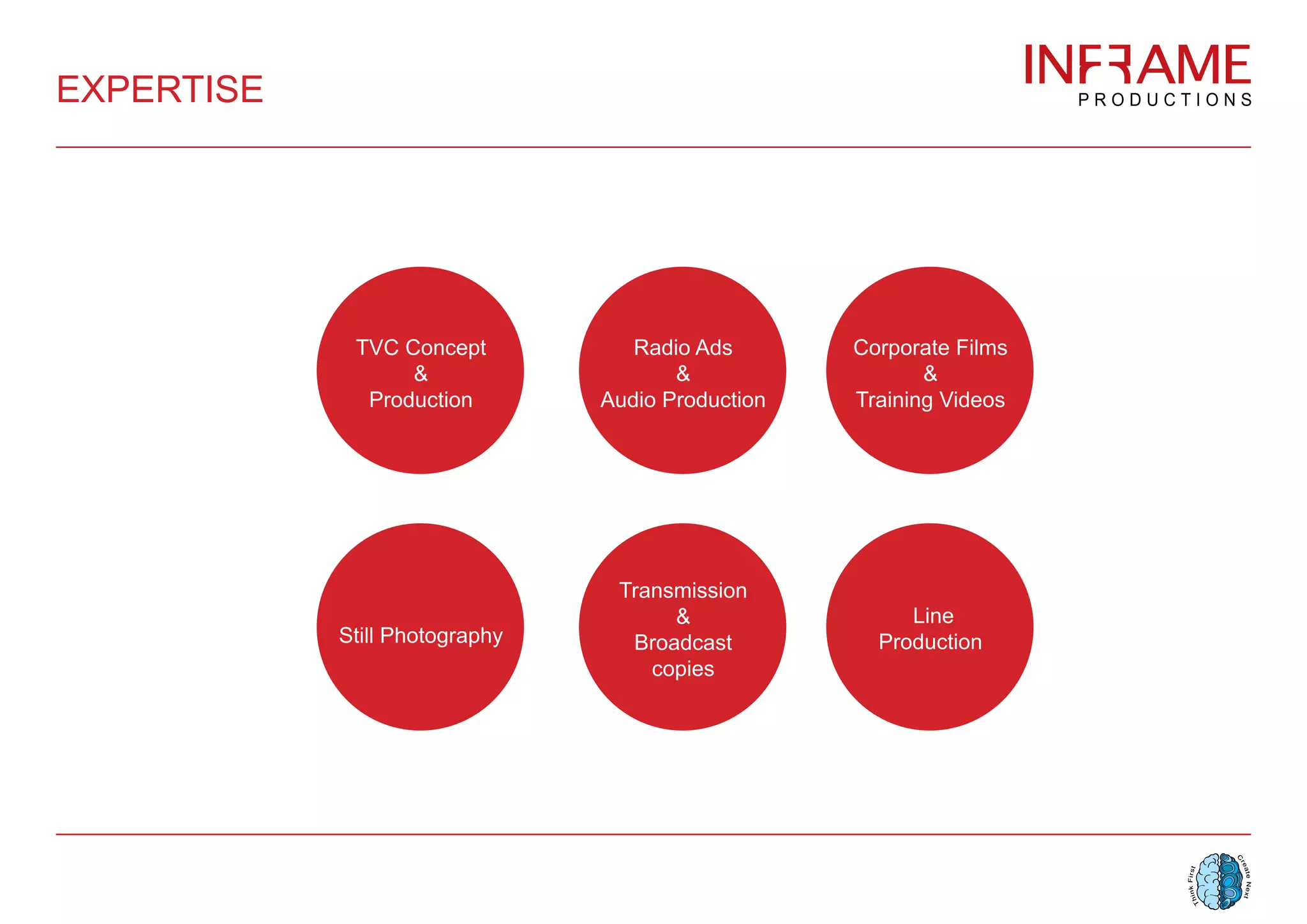 EXPERTISE
TVC Concept
&
Production
Radio Ads
&
Audio Production
Corporate Films
&
Training Videos
Still Photography
Transmission
&
Broadcast
copies
Line
Production
 