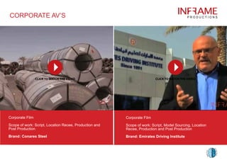 Corporate Film
Scope of work: Script, Location Recee, Production and
Post Production
Brand: Conares Steel
Corporate Film
Scope of work: Script, Model Sourcing, Location
Recee, Production and Post Production
Brand: Emirates Driving Institute
CORPORATE AV’S
 