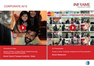 CORPORATE AV’S
Educational Video
Scope of Work: Location Recee, Model Sourcing,
Production and Post Production
Brand: Road & Transport Authority - Dubai
AV Presentation
Scope of work: Computer Graphics and Post production
Brand: Mastercard
 