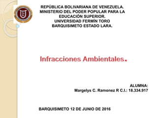 REPÚBLICA BOLIVARIANA DE VENEZUELA.
MINISTERIO DEL PODER POPULAR PARA LA
EDUCACIÓN SUPERIOR.
UNIVERSIDAD FERMÍN TORO
BARQUISIMETO ESTADO LARA.
BARQUISIMETO 12 DE JUNIO DE 2016
ALUMNA:
Margelys C. Ramonez R C.I.: 18.334.917
 