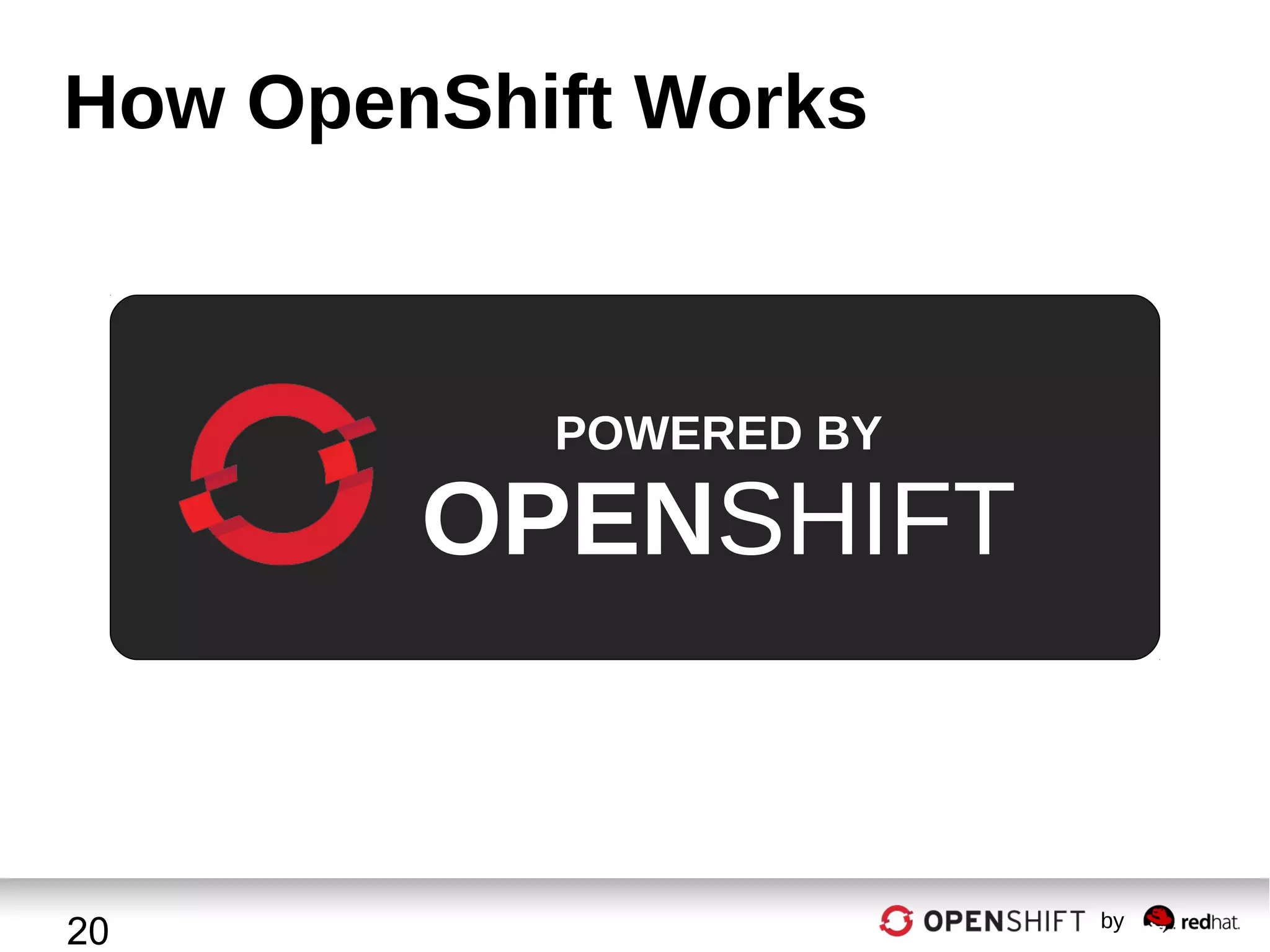 How OpenShift Works

POWERED BY

OPENSHIFT

20

by

 