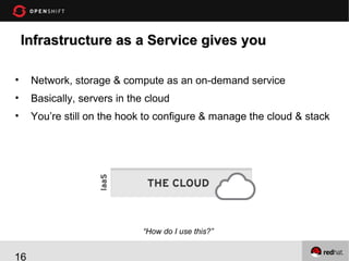 Infrastructure as a Service gives you
•

Network, storage & compute as an on-demand service

•

Basically, servers in the cloud

•

You’re still on the hook to configure & manage the cloud & stack

“How do I use this?”

16

 