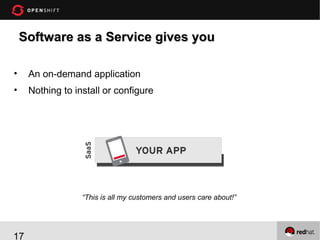 Software as a Service gives you
•

An on-demand application

•

Nothing to install or configure

“This is all my customers and users care about!”

17

 