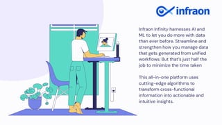 Infraon Infinity harnesses AI and
ML to let you do more with data
than ever before. Streamline and
strengthen how you manage data
that gets generated from unified
workflows. But that’s just half the
job to minimize the time taken
This all-in-one platform uses
cutting-edge algorithms to
transform cross-functional
information into actionable and
intuitive insights.
 