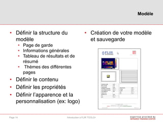 • Définir la structure du
modèle
• Page de garde
• Informations générales
• Tableau de résultats et de
résumé
• Thèmes des différentes
pages
• Définir le contenu
• Définir les propriétés
• Définir l’apparence et la
personnalisation (ex: logo)
• Création de votre modèle
et sauvegarde
Modèle
Introduction à FLIR TOOLS+Page 14
 