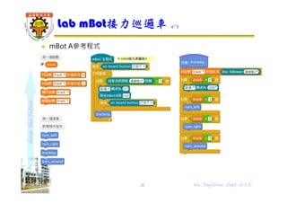 shapethefuture
 mBot A參考程式
Lab mBot接力巡邏車 4/7
26 Wu, ShyiShiou Dept. of E.E.
 