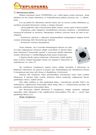 10
Методическое пособие
по проектированию
ООО «Строительные Новейшие Энергосберегающие Технологии»
Россия, 398017, г. Липецк, ул. 9 Мая, вл. 27. E-mail: info@waterinpanel.com
⑦ Автоматизация работы.
Водяные излучающие панели «ТЕПЛОПАНЕЛЬ», как и любая другая система отопления, могут
работать как без системы автоматики, по погодозависимому графику источника, так и с автома-
тикой.
Если при работе без автоматики нюансов никаких нет, то наличие системы автоматики су-
щественно расширяет возможности системы, к которым относится:
- сбалансированная подача теплоносителя (ровно столько, сколько нужно в данный момент);
- возможность учёта внутренних тепловыделений (инсоляция помещения и тепловыделения
техпроцессов работают на отопление, энергоресурсы основного источника тепла при этом не рас-
ходуются);
- возможность суточного и недельного программирования температурного графика (ночное
снижение температуры даёт дополнительную экономию);
- возможность позонного регулирования.
Стоит отметить, что в качестве температурного датчика при рабо-
те систем инфракрасного отопления следует использовать не обычный термо-
метр, встроенный в большинство пультов, а специальный шаровой термометр,
который подключается к соответствующему входу пульта-контроллера.
К другому выходу пульта-контроллера подключается привод управля-
ющего клапана, который регулирует степень его открытия в зависимости от
необходимости, (см. схемы п.5).
При составлении спецификации проекта панели следует записывать в зависимости от
выбранного подключения, как указано на рисунке ниже. Проектировщику нет необходимости вносить
в спецификацию ещё какие-либо данные по оборудованию «Теплопанель».
Компания ООО «Стройнэт» может укомплектовать отопительные панели своей системой
автоматики. В штатный набор системы атоматики входит контроллер, инфракрасный датчик,
управляющий клапан и привод клапана.
Один набор ставится на одну управляемую ветку с максимальным расходом 19,8м3
/ч при
необходимости гидравлической балансировки веток между собой; и с неограниченным расходом, при
отсутствии необходимости балансировки веток.
Для обозначения наборов автоматики в спецификации следует применять следующую
маркировку: набор автоматики с/без гидравлический балансировкой аТПх, где х – расход через
управляемую ветку в кг/с.
Пример спецификации:
 