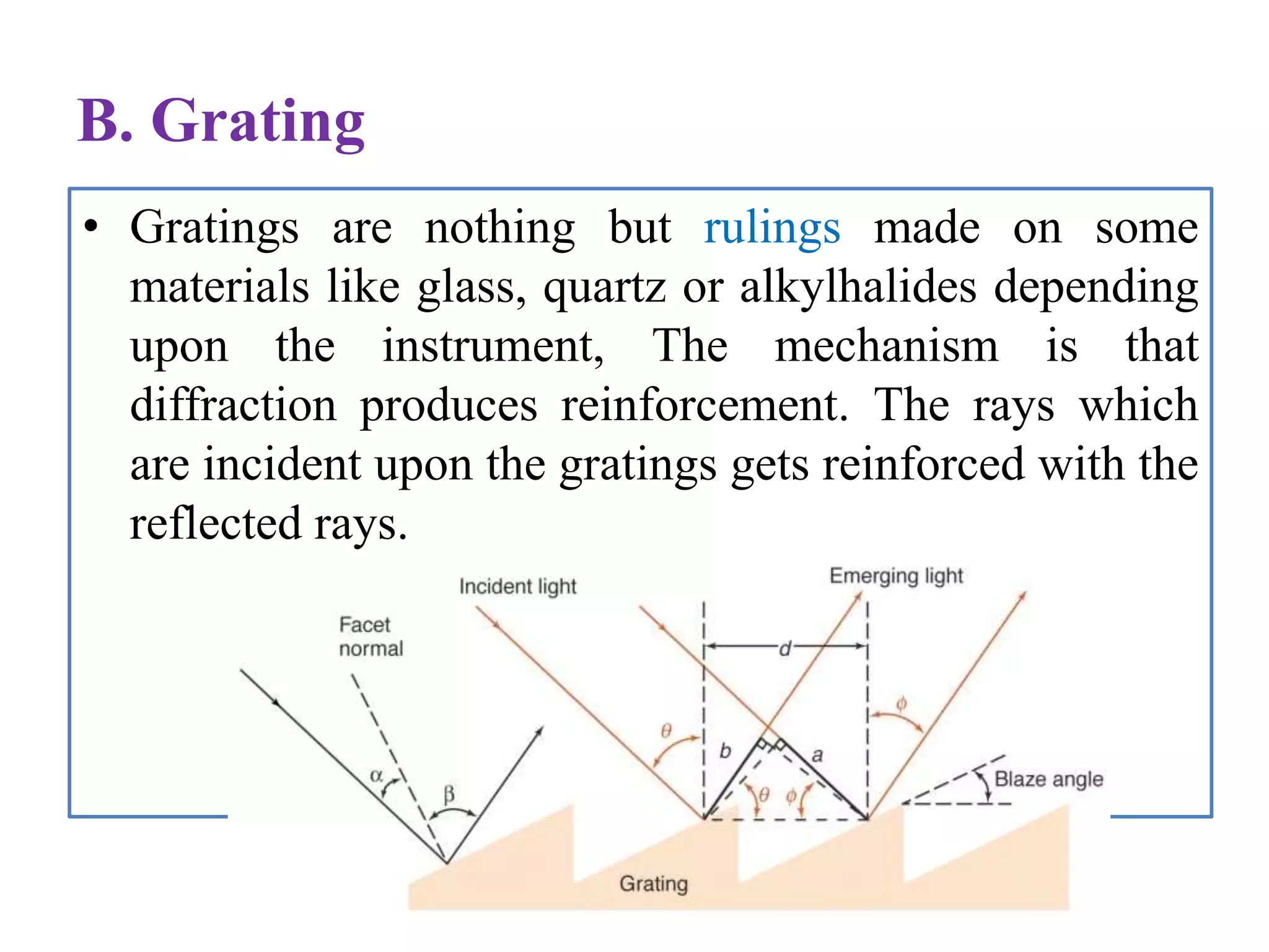 B. Grating
• Gratings are nothing but rulings made on some
materials like glass, quartz or alkylhalides depending
upon the instrument, The mechanism is that
diffraction produces reinforcement. The rays which
are incident upon the gratings gets reinforced with the
reflected rays.
 