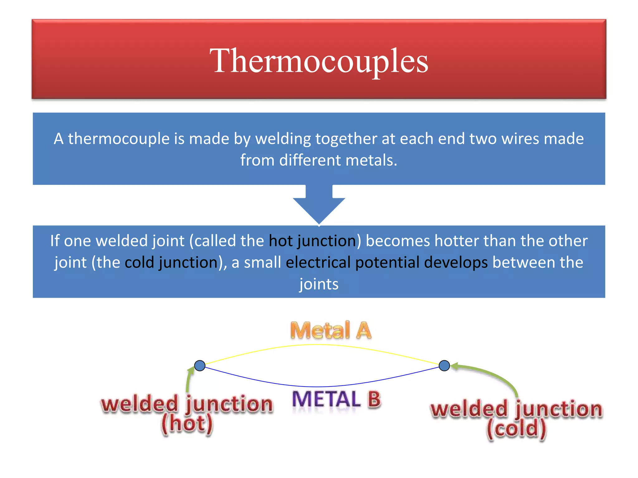 Thermocouples
If one welded joint (called the hot junction) becomes hotter than the other
joint (the cold junction), a small electrical potential develops between the
joints
A thermocouple is made by welding together at each end two wires made
from different metals.
 