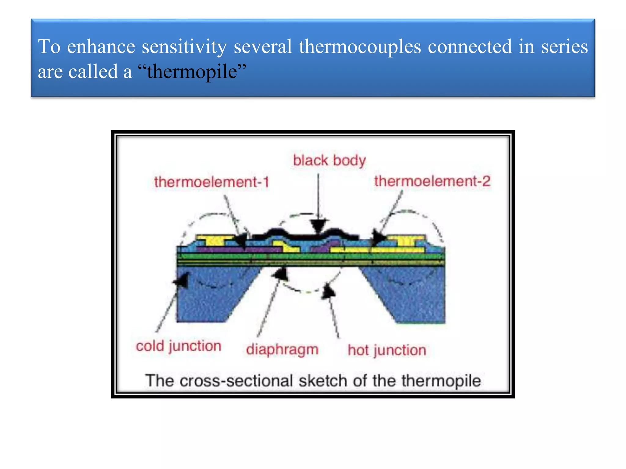 To enhance sensitivity several thermocouples connected in series
are called a “thermopile”
 