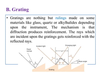 B. Grating
• Gratings are nothing but rulings made on some
materials like glass, quartz or alkylhalides depending
upon the...
