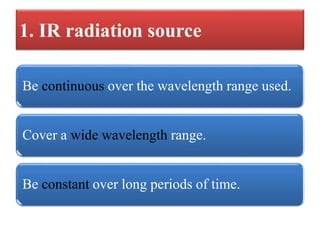 1. IR radiation source
Be continuous over the wavelength range used.
Cover a wide wavelength range.
Be constant over long ...