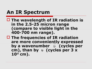 An IR Spectrum 
 The wavelength of IR radiation is 
in the 2.5-25 micron range 
(compare to visible light in the 
400-700 nm range). 
 The frequencies of IR radiation 
are more conveniently expressed 
by a wavenumber u 
(cycles per 
cm), than by υ (cycles per 3 x 
1010 cm). 
 