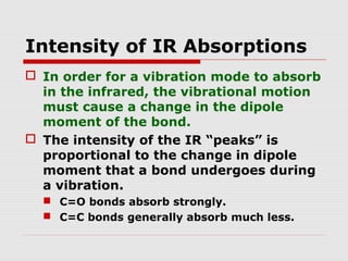 Intensity of IR Absorptions 
 In order for a vibration mode to absorb 
in the infrared, the vibrational motion 
must cause a change in the dipole 
moment of the bond. 
 The intensity of the IR “peaks” is 
proportional to the change in dipole 
moment that a bond undergoes during 
a vibration. 
 C=O bonds absorb strongly. 
 C=C bonds generally absorb much less. 
 