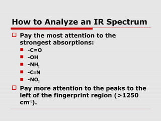 How to Analyze an IR Spectrum 
 Pay the most attention to the 
strongest absorptions: 
 -C=O 
 -OH 
 -NH2 
 -C≡N 
 -NO2 
 Pay more attention to the peaks to the 
left of the fingerprint region (>1250 
cm-1). 
 