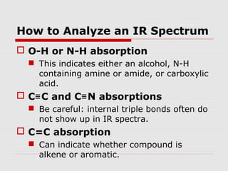 How to Analyze an IR Spectrum 
 O-H or N-H absorption 
 This indicates either an alcohol, N-H 
containing amine or amide, or carboxylic 
acid. 
 C≡C and C≡N absorptions 
 Be careful: internal triple bonds often do 
not show up in IR spectra. 
 C=C absorption 
 Can indicate whether compound is 
alkene or aromatic. 
 