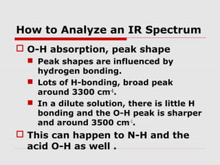 How to Analyze an IR Spectrum 
 O-H absorption, peak shape 
 Peak shapes are influenced by 
hydrogen bonding. 
 Lots of H-bonding, broad peak 
around 3300 cm-1. 
 In a dilute solution, there is little H 
bonding and the O-H peak is sharper 
and around 3500 cm-1. 
 This can happen to N-H and the 
acid O-H as well . 
 