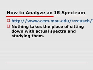 How to Analyze an IR Spectrum 
 http://www.cem.msu.edu/~reusch/VirtualText/ Nothing takes the place of sitting 
down with actual spectra and 
studying them. 
 